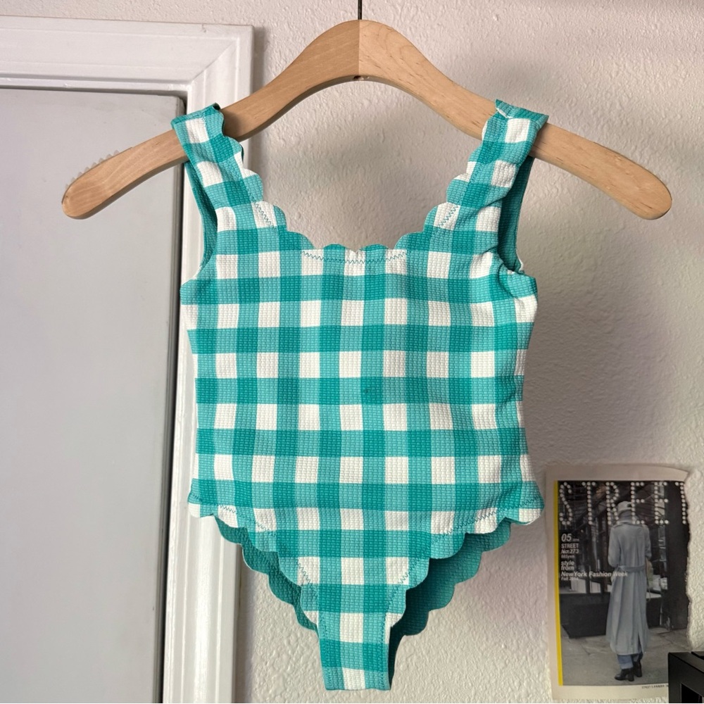 MARYSIA bumby kids girls teal aqua‎ white gingham scalloped one piece swimsuit